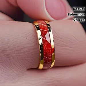 8mm 304 Stainless Steel Ring with Red Agate Inlay - Modern Bohemian Unisex Jewelry, August Birthstone Gift for Valentine's Day, Everyday Casual Wear, Sophisticated Design