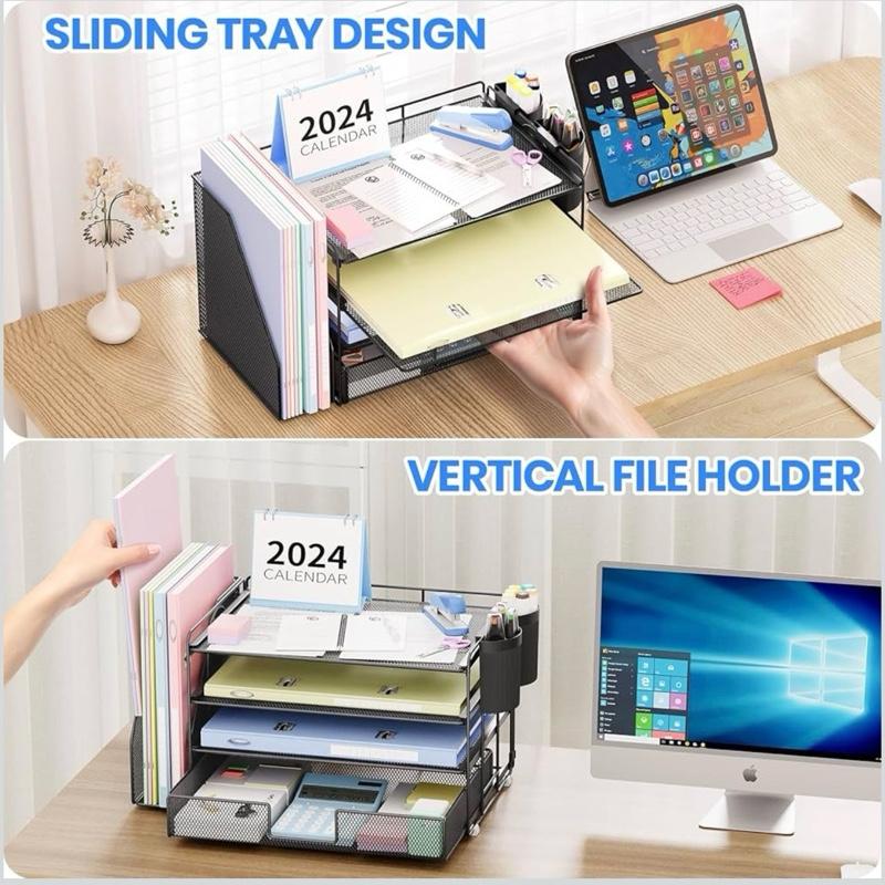 OPNICE Desk Organizer, 4-Tier Desktop File Organizer with Drawer and 2 Pen Holders, Office Desk Accessories, File Sorters, Workspace Organizers for Office Supplies(Black)