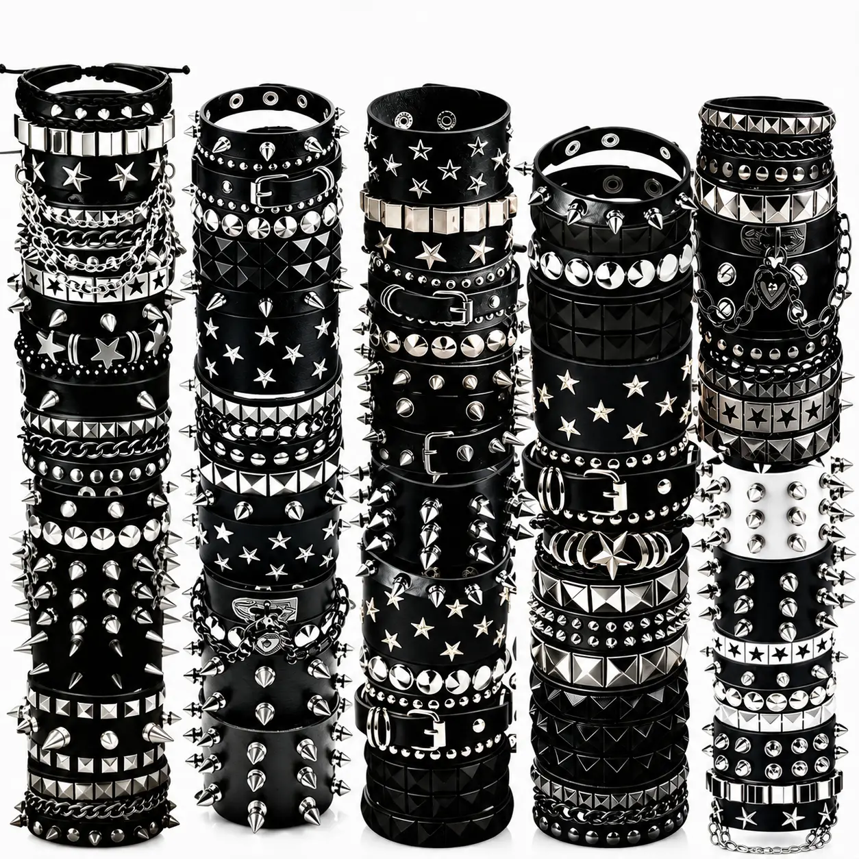 4/6/8/12/15Pcs Vintage PU Leather Bracelet Punk Bracelet Set for Women Men, Gothic Rivet Buckle Adjustable Cuff Black Wristband for Men Women, Perfect for Halloween Gift & Party Wear, Halloween Cosplay Rave Party Costume Jewelry