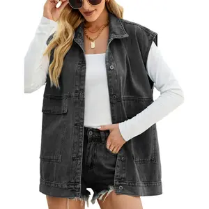 Women's denim vest shoulder summer fashion trend sleeveless hooded sweatshirt with pockets and single row multi button design, black gray XS to XL sizeRAIMENTRY