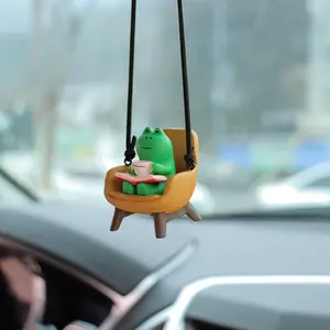 New Upgrade Frog Rear View Mirror Hanging Accessories Cute Frog Sitting Sofa Reading and Drinking Coffee Car Hanging Ornament Pendant Interior Rearview Mirror Decoration