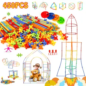Creative Straw STEM Building Toys 450Pcs Aged for 3-5 5-7 Preschool Kids Constructor Toy Thin Tube Toy DIY Educational Interlocking Plastic Engineering Toys Kit for Boys and Girls Gift