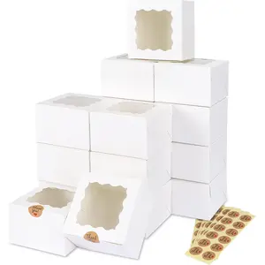 White Cookie Boxes with Window, Bakery Boxes with 5pcs Stickers for Small Cookies, Treats, Desserts, Chocolate Covered Strawberries, Mini Cake