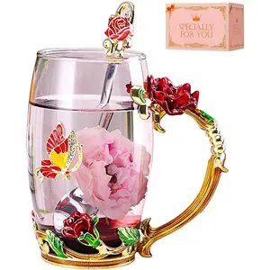 Birthday Gifts For Women,Enamel Butterfly Flower Glass  Cup Rose Red Coffee Mug,Cute Gifts For Mom Grandma Women Wife Female Friend on Mothers day Anniversary Christmas Valentines