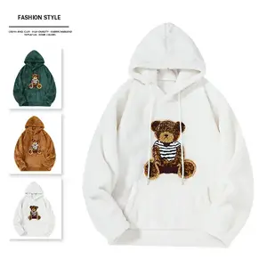 Hooded bear sweatshirt, stylish and trendy design, plush fabric feels comfortable and skin friendly, front bear pattern adds a youthful vibe, suitable for young men's winter daily commute Casual White fathersdaygift