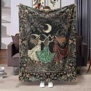 Floral-Moon Magic Element Design Printed Flannel Blanket, Folklore Witch Soft Blanket, Witch Sisters, Mystical Academy, Comfortable Wicca Throw, Mystical Aesthetic, Gothic, High-Quality Gift 150*200cm, for Halloween
