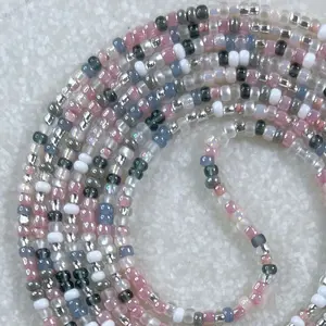 PINK SKY - Tie On Waist Beads - 45 to 60 inches Waistbeads - Pink Grey Waistbeads - Winter Waistbeads - Beaded Fashion Body Jewelry - Made By Venus Waistbeads Adjustable Adjustable