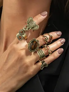 8-Piece Vintage Gemstone Ring Set, Metal Elephant Joint Rings, Punk Style, All Seasons, Perfect Gift, Streetwear Jewelry