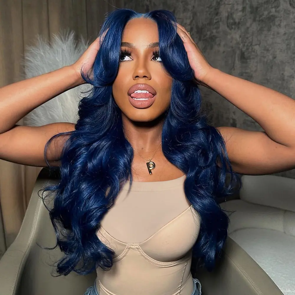 34Inch Blue Human Hair Body Wave 180 Density Wigs Transparent HD 13X4 Lace Frontal Remy Hair Pre Plucked Colored Dark Blue Lace Front Wig for Women