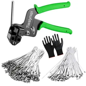 Stainless Steel Cable Tie Gun Kit with 200 Ties - Specialized tool for tightening and cutting metal cable ties - Ideal for chain fences, dog fences, outdoor fences, and exhaust pipes.