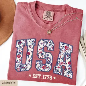 Comfort Colors USA Shirt, 4th of July shirt, floral USA tee, summer patriotic shirt for women, America est 1776 shirt, red white blue shirt