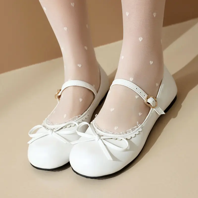 Spring Autumn Pink White Mary Janes Flat Shoes Woman Round Toe Buckle Strap Lolita Girls Student Ballet Flats Plus Size 43 44 45