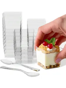 100Pcs Plastic Dessert Cups with Spoons, Clear Yogurt Parfait Cups square dessert Cups, Disposable Parfait Cups For Pudding, Fruit and Ice Cream,Mini Dessert Cups With Spoons For Party, appetizer cups