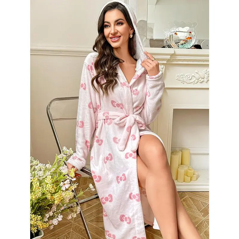 Winter Fleece-Lined Plus-Size Women's Long Sleep Robe Homewear New Bathrobe