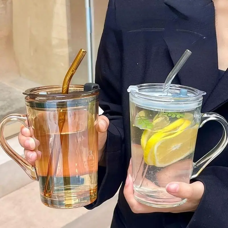 450ML Glass Cup with Lid and Straw, Elegant Home Coffee Juice Cup, Simple Design, Couple Cup, Office Water Bottle, 1/2/4 Pcsk, Mug, Clear Cups with Lids and Straws