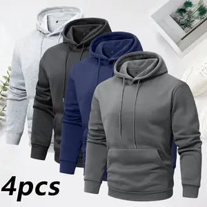 Men's 4-piece Basic Solid Color Fleece Hoodie Set Thick Warm Fleece-lined Winter Sweatshirt with Elastic Drawstring & Kangaroo Pocket Ideal Gift for Boyfriend or Husband working  jacket