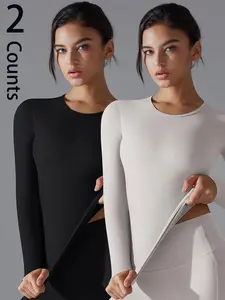 Women's Solid Round Neck Sports Tee, Fitness Running Tops, Quick Drying Long Sleeve T-shirt for Yoga Gym Workout, Ladies Sportswear for All Seasons, Gym Athletic Clothes, Workout Apparel, Everyday Activewear