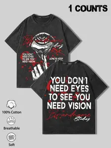 Men's Streetwear Trendy Cartoon Pattern T-Shirt, 100% Cotton Breathable 'vision' Slogan Short Sleeve, Cyberpunk Rock Style, Fitted, All Seasons