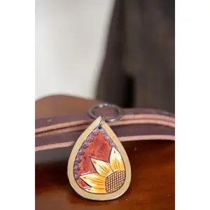 Sunflower Drop Tooled Leather Keychain