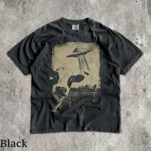 Cotton tee shirt alien patch shirts 90s Cow UFO T-Shirt - Men & Women's Unisex Graphic Tee - Vintage Meme Shirt - Alien Invasion Top - Cow Abduction Shirt - Funny Unhinged Tee