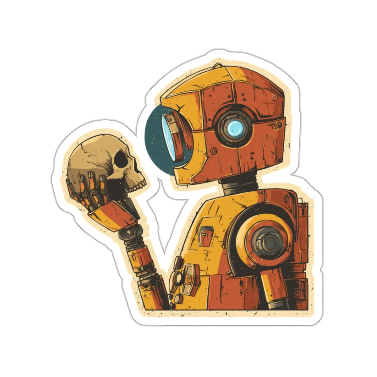 Retro Robot Holding Skull Die-Cut Stickers | Sci-Fi Vinyl Sticker