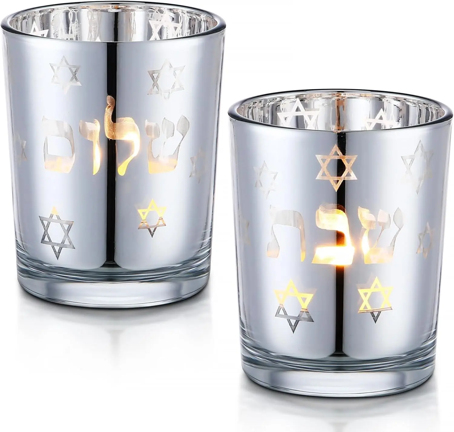 Honeydak Set of 2 Shabbat Tealight Holders Silver Jewish Judaica Gift Set Electroplated Glass Modern Shabbat Decorative Light Holders for Tea Lights Hanukkah Gifts