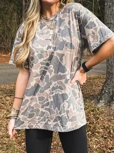 Summer Casual Everyday Multicolor Vintage Camo Print Women's Round Neck Short Sleeve T-Shirt, Stylish and Comfortable Ladies Top