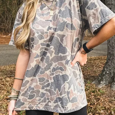 Women's Summer Casual Multicolor Vintage Camouflage Print Round Neck Short Sleeve Baggy Fit T-Shirt, Stylish and Comfortable Ladies Top, Vintage T Shirts