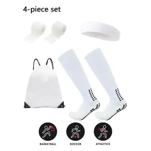 4-Piece Long Soccer Socks Outdoor Sports Fitness Training Set, Anti-Slip Socks, Headband, Drawstring Bag, Suitable for Football Basketball