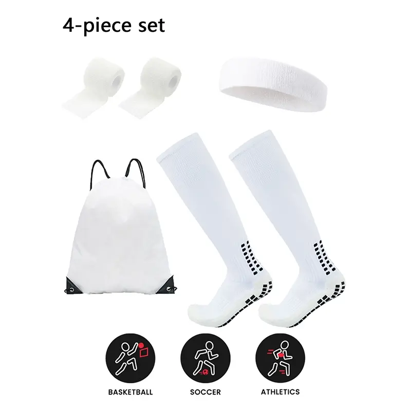 4-Piece Long Soccer Socks Outdoor Sports Fitness Training Set, Anti-Slip Socks, Headband, Drawstring Bag, Suitable for Football Basketball