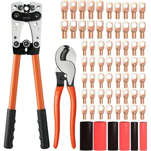 Battery Cable Crimper Tool For AWG 10-1/0 Gauge Electrical Lug with 60PCS Copper Wire Lugs, Battery Terminal Connectors with Cable Cutter, Wire Crimping Tool For Heavy Duty Copper Wire Lugs