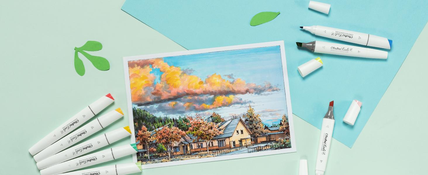 Ohuhu Alcohol Markers Double Tipped: Slim Broad & Fine - 60 Colors - Art Marker for Artists Adult Coloring Drawing Landscape Sketch - Refillable - Kaala Series of Ohuhuart