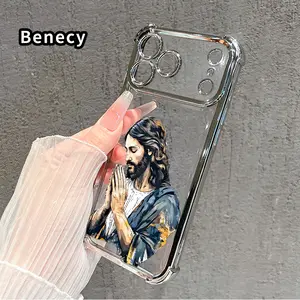 Compatible with iPhone 17 Pro Max 16 15 Plus Air 14 13 12 11 E Phone Case Jesus Prays Four-Corner Drop-Resistant Electroplated Transparent TPU Soft Protective Cover Gift