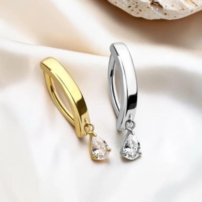 14g Teardrop Geometric Shape Gem Belly Ring Clicker Piercing - Gold or Silver Metal Finish, Suitable for Casual Wear