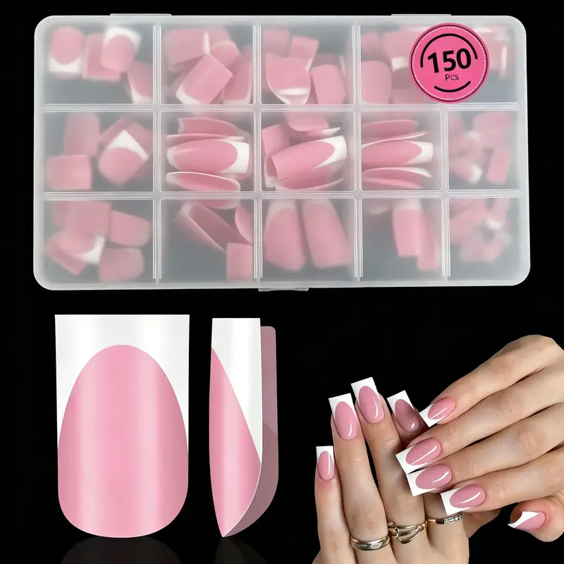 French Tips Press On Nails - 150Pcs Berry Pink Square Soft Gel Nail Tips Pre-Designed, No File Need Tips Pre,15 Sizes Fake Nails for Nail Art DIY, False Nails Salon Quality Manicure at Home Gifts For Women