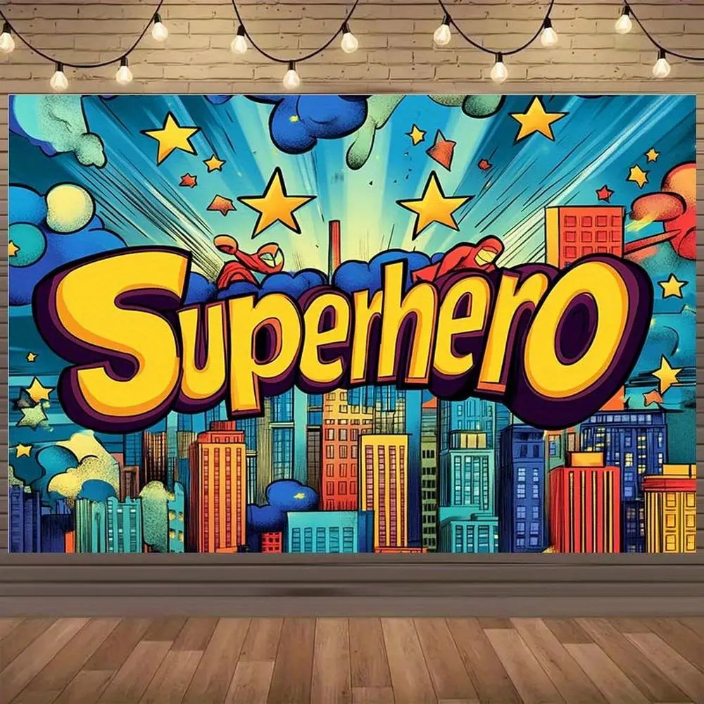 2D Flat Superhero Theme Polyester Photography Backdrop, 1pc Vibrant Polyester Background with Colorful Cityscape and Stars - Durable, No Power Needed for Comic-Con, Birthday Parties