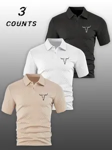 Men's Three-Piece Summer Short Sleeve Fitted Polo Shirt Outfit, Textured Fabric Bull Head Print, Casual Fit for Outdoor Leisure Business Occasions