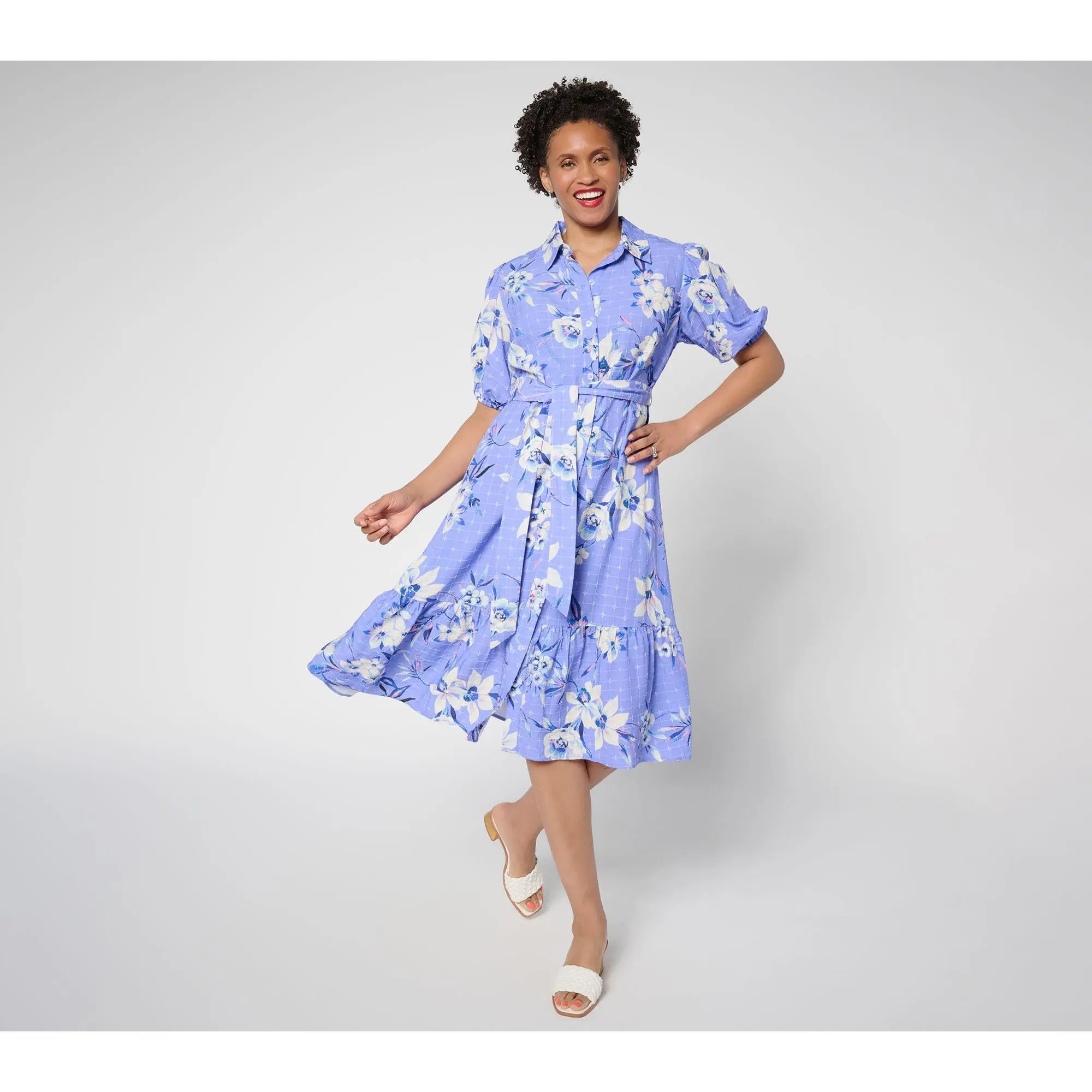 Susan Gravaer Regular Printed Textured Woven Button Front Midi Dress