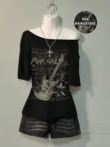Punk Soul Guitar Graphic T-Shirt for Women, Off-the-Shoulder Oversized Casual Tee, Non-Rhinestone Vintage Cotton, Grunge Rock Y2K E-Girl Streetwear, Retro 90s, Indie Aesthetic, Fashion, Edgy Street Style, Distressed Print, Music Lover Top, Cyber Grunge