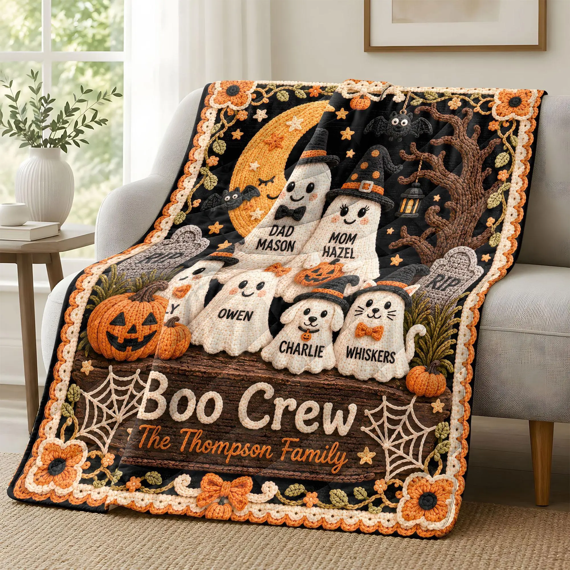 Personalized Boo Crew Ghost Family Halloween Quilt Blanket, Custom Names and Pets Crochet Style Print with a Soft Cozy Feel for Family Sofas and Bedroom Beds, Spooky Keepsake for Couples Kids Pet Parents and October Home Decor