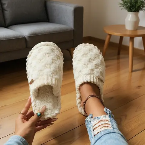 Unisex Fuzzy Slide Slippers for Women, Cotton Fabric House Slippers with Non-Slip Rubber Sole, Soft Lightweight Beige Footwear