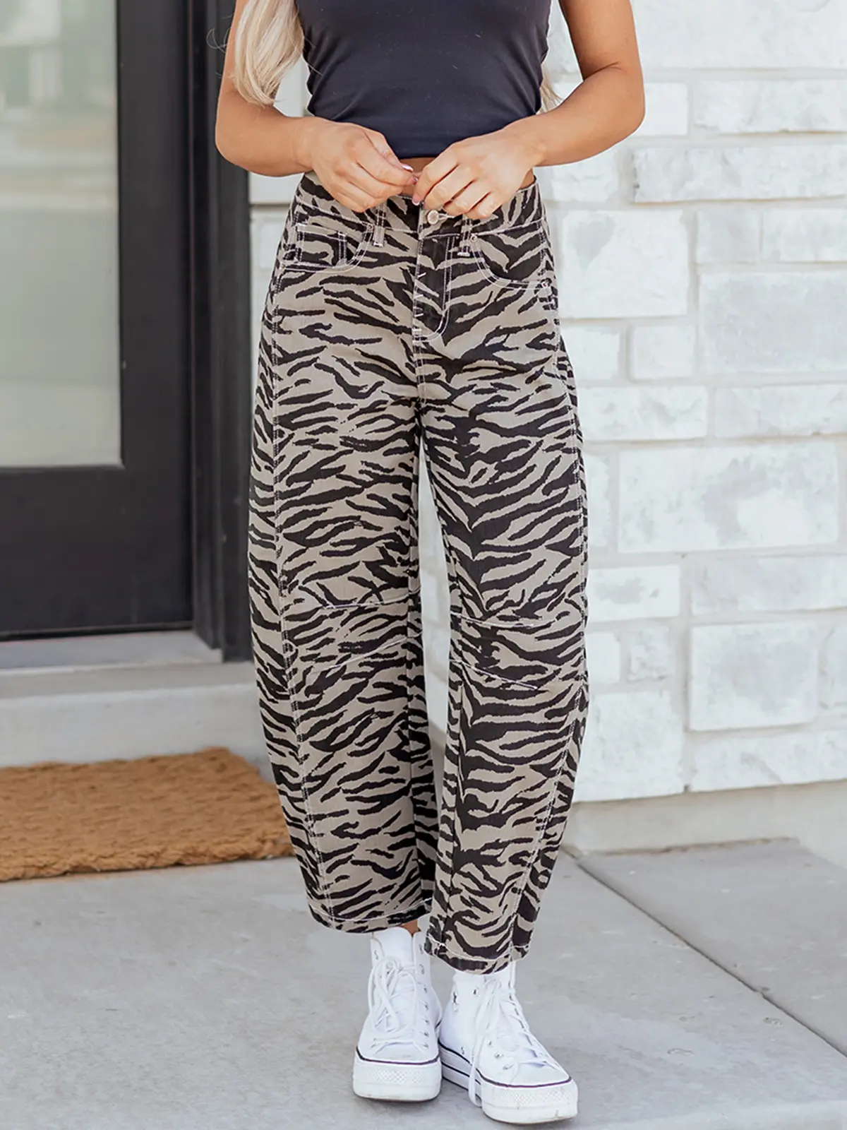 Zebra Print Denim Cargo Pants for Women High Waisted Wide Leg Jeans Casual Loose Fit Baggy Trousers Y2K Streetwear Fashion Straight Leg Jean