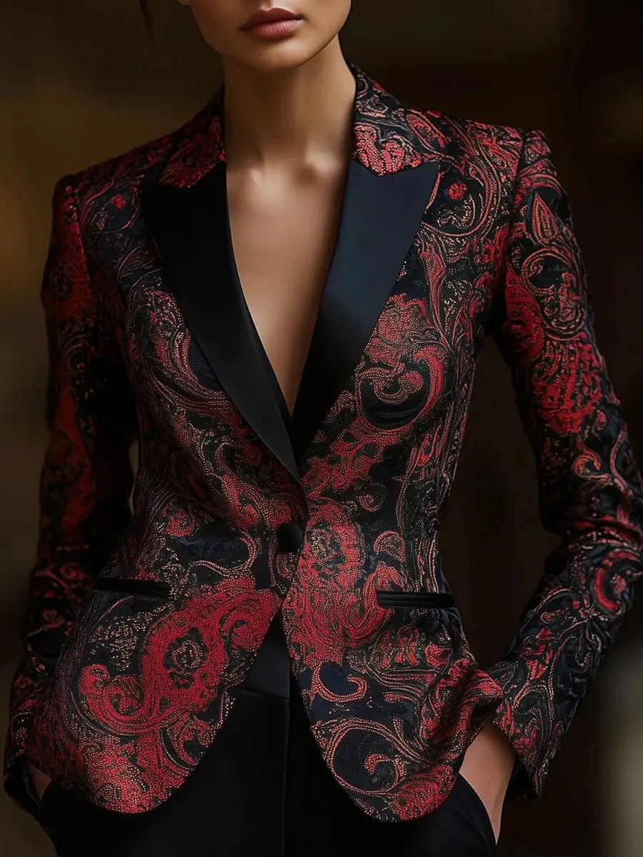2025 Elegant Chic Jacket Women Vintage Floral Print Turndown Collar Slim Waist Pocket Decor Long Sleeves Tops Blazers Coats