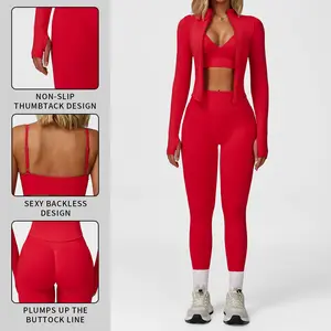 Women's Criss Cross Crop Top High Waist Leggings Zip Jacket 3 Piece Tracksuit Set |   Breathable Workout Outfits for Yoga Gym Running |   Activewear Sportswear