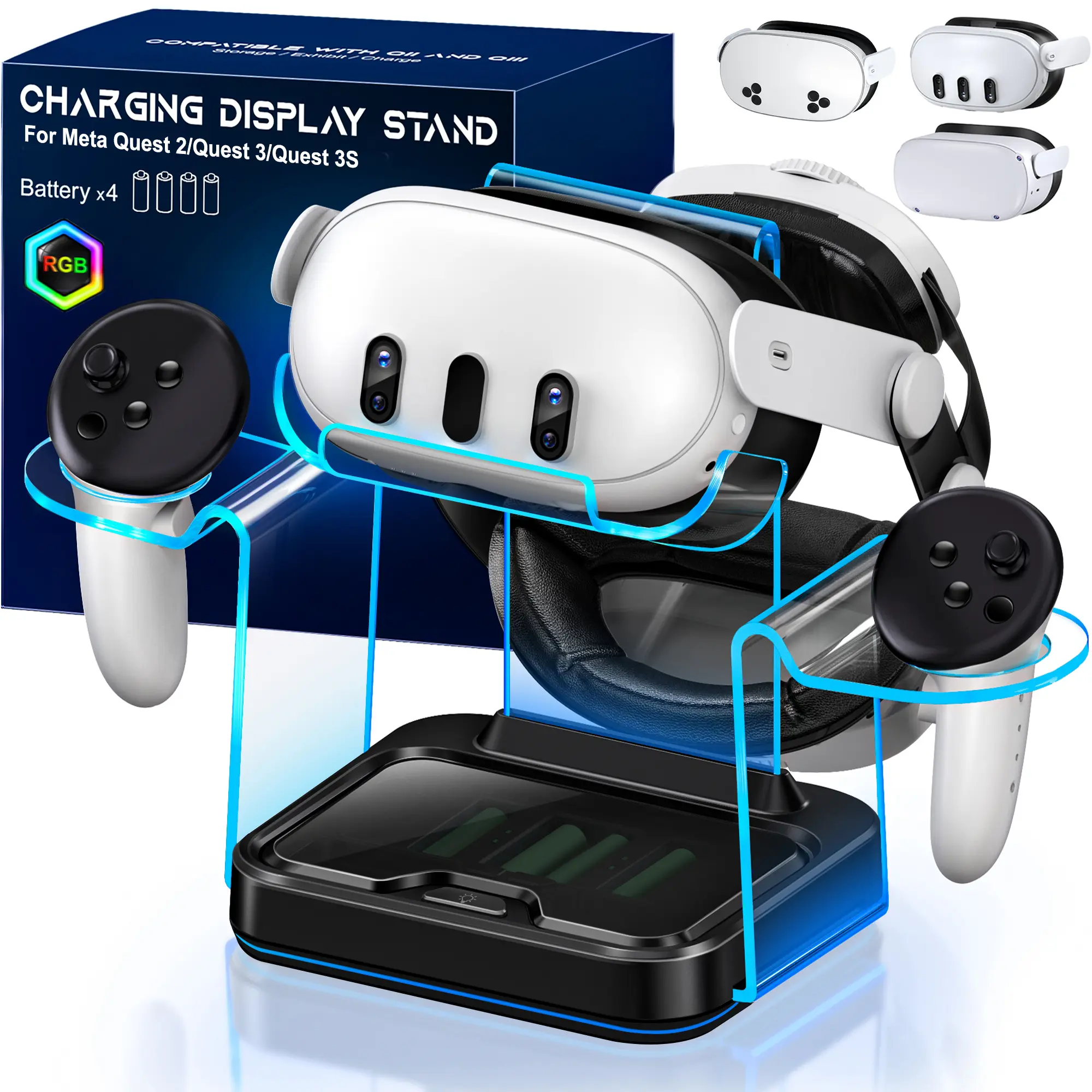 Magnetic Breathing Flashing VR Headset Charging Dock for Oculus Meta Quest 2-3-3S, Electronic Rainbow Accessories Kit with Adapter, USB-A to Type-C Cable, 4 Rechargeable Replacement Batteries, Storage & Protection Features