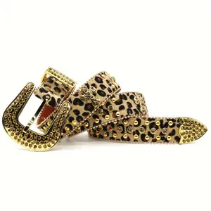 Rhinestone Belt Leopard Style Men And Women Fashion Rivets Golden Luxury Rhinestone Belt Y2K Style Belt