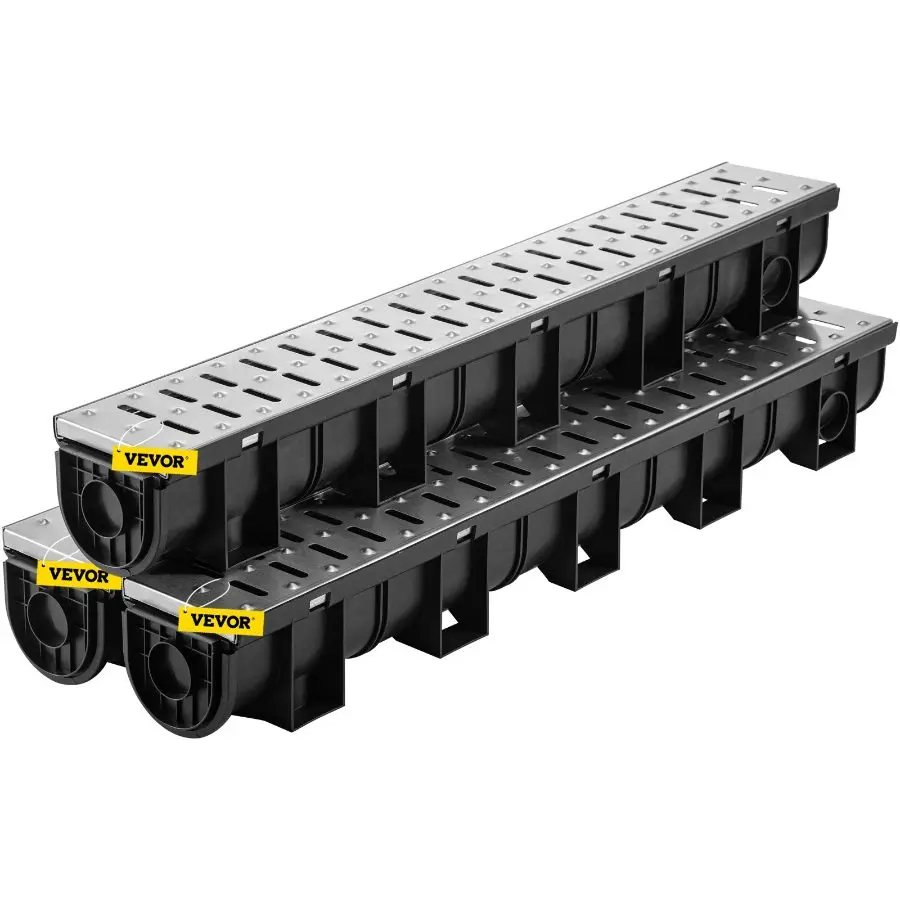 fathersdaygift  VEVOR Trench Drain System, Channel Drain with Metal Grate, 5.9x5.1-Inch HDPE Drainage Trench, Black Plastic Garage Floor Drain, 3x39 Trench Drain Grate, with 3 End Caps, for Garden, Driveway-3 Pack