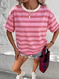 2026 Viral Soft Cotton Pink Striped Oversized Casual Crewneck T-Shirt, Trendy Colorblock Collar, Breathable Fabric, Loose Fit for Daily Streetwear, Summer Vacation & Lazy Outfit, Aesthetic Preppy Style Basic Tee, Versatile All-Match, Non-See-Through, Comf