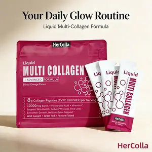HerColla Multi-Collagen Glow Shot with 8g Collagen Peptides 10000mcg Biotin Hyaluronic Acid & Vitamin C Liquid Supplement for Edible Skin Care Hair Nail Joint Support Natural Blood Orange Flavor