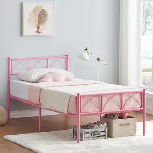 Twin Size Bed Metal Frame with Headboard and Footboard  No Box Spring Needed (Twin Pink)